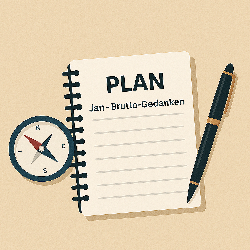 Planung und Orientierung Notizbuch mit 'Plan', Kompass und Stift – als Sinnbild für langfristige Investment-Strategien und ein persönliches Investment Policy Statement (IPS)