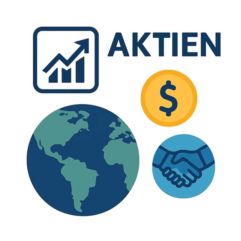 Illustration einer stilisierten Aktienanlage: Graph mit aufsteigender Kurve, Münzen und Geldscheinen auf dunklem Hintergrund. Symbolisiert langfristiges Investieren in Aktien und Portfolioaufbau