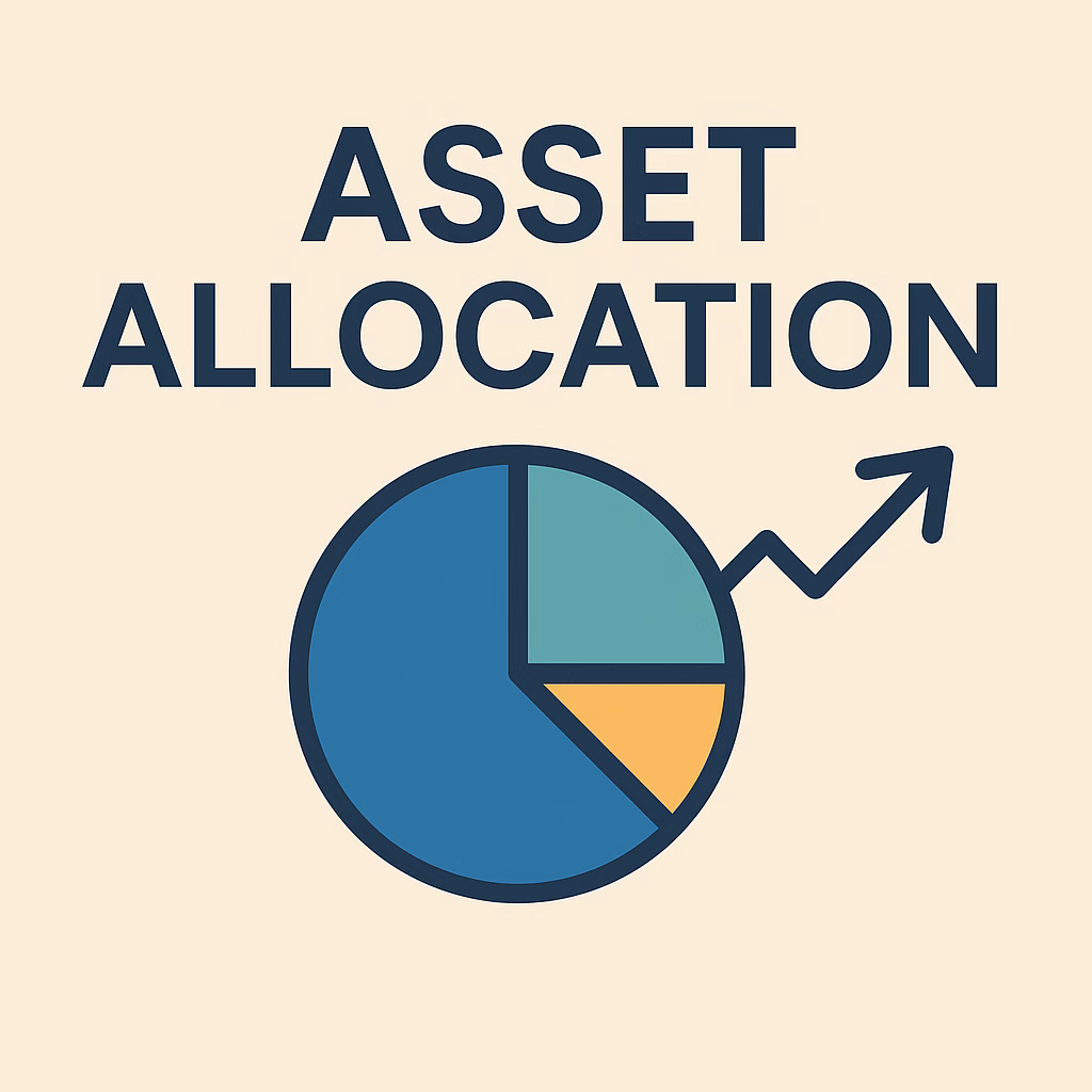 Illustration eines Kreisdiagramms zur Vermögensaufteilung mit steigendem Pfeil, darüber der Schriftzug 'Asset Allocation