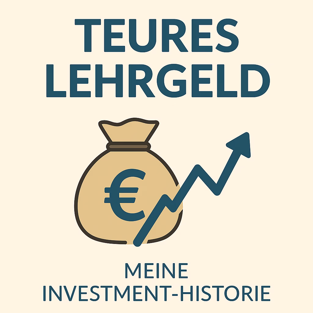 "Illustration eines Geldsacks mit Euro-Symbol und steigender Kurve, dazu der Titel 'Teures Lehrgeld – Meine Investment-Historie'