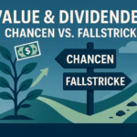 Grafik zu Value-Investments und Dividenden: ein Geldbaum wächst, daneben ein Wegweiser mit den Begriffen 'Chancen' und 'Fallstricke'