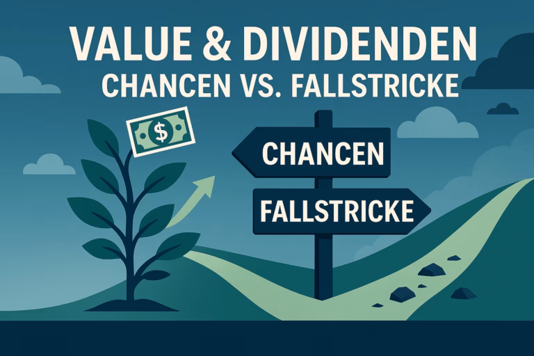 Grafik zu Value-Investments und Dividenden: ein Geldbaum wächst, daneben ein Wegweiser mit den Begriffen 'Chancen' und 'Fallstricke'