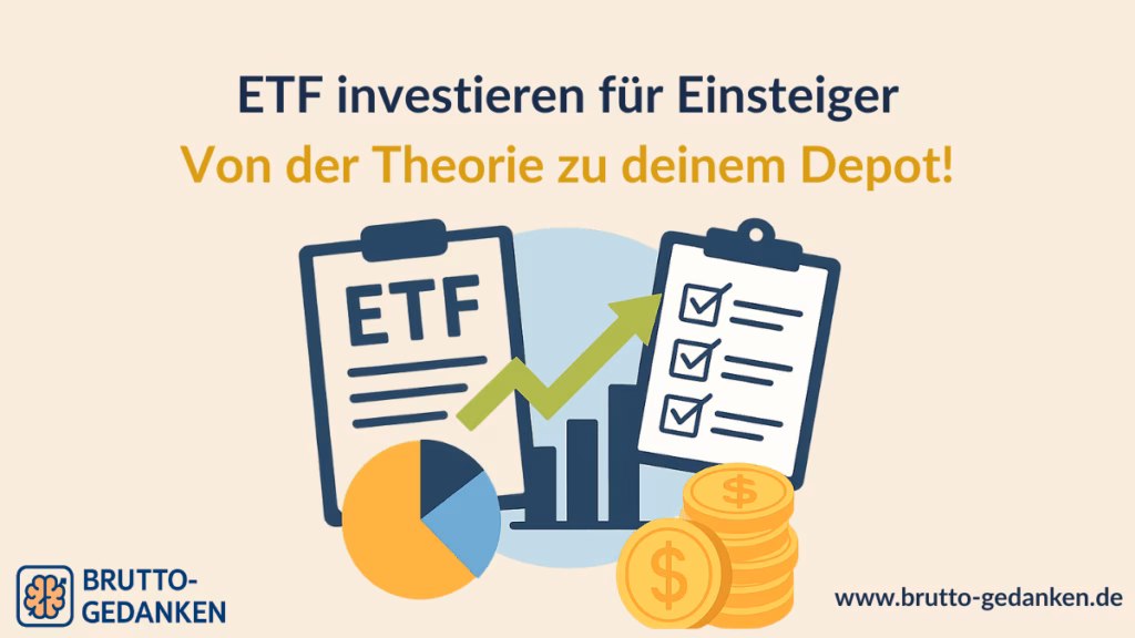 ETF investieren für Einsteiger – Schritt für Schritt zum ersten Depot Illustration mit ETFs, Checkliste, Diagramm und Münzen – Symbolbild für ETF investieren für Einsteiger
