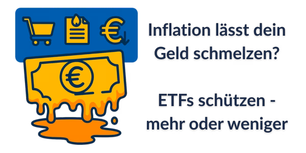 Inflation und ETF-Schutz im Vergleich – wie Geld an Kaufkraft verliert Schmelzendes Euro-Geldsymbol mit Icons für steigende Preise und sinkende Kaufkraft, daneben Text: „Inflation lässt dein Geld schmelzen? Inflationsschutz mit ETFs? Mehr oder weniger“
